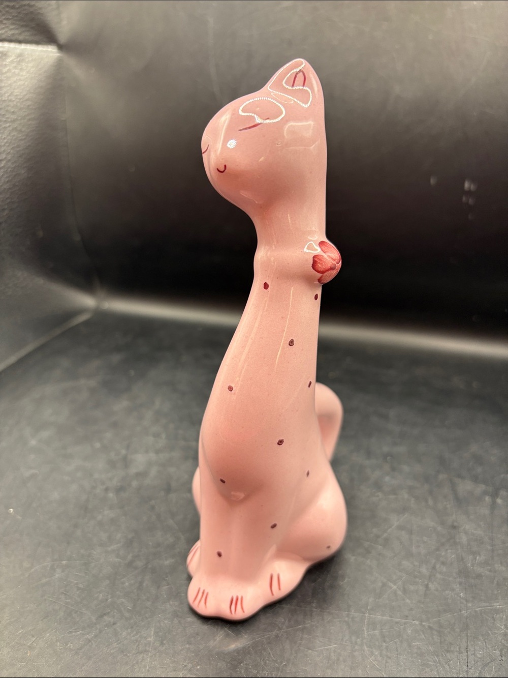 Pink Polka Dot Ceramic Sitting Cat Figurine